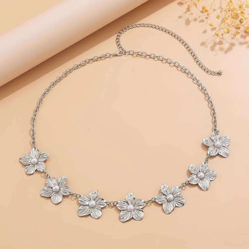 European American Fashion Minimalist Faux Pearl Metal Flower Pendant Waist Personalized Versatile Women's Body Chain X260209