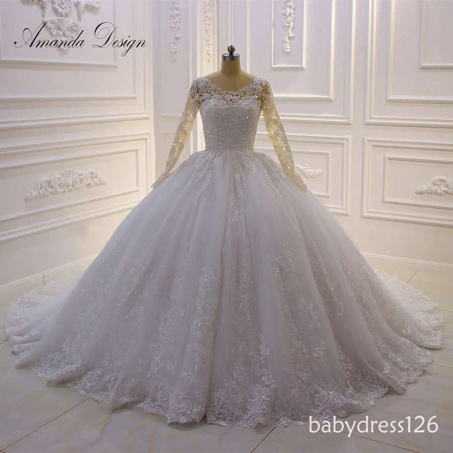 Amanda Design vestido novia playa Long Sleeve Lace Appliqued Wedding Gown for Bride