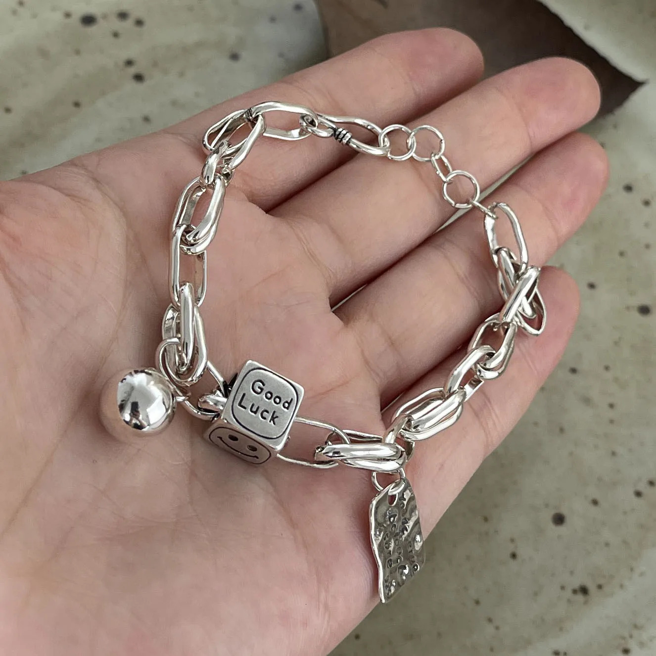 925 Sterling Silver Bracelets for Women Men String Accessories Trend Vintage Letter Balls Pendant Party Jewelry Gift 260128