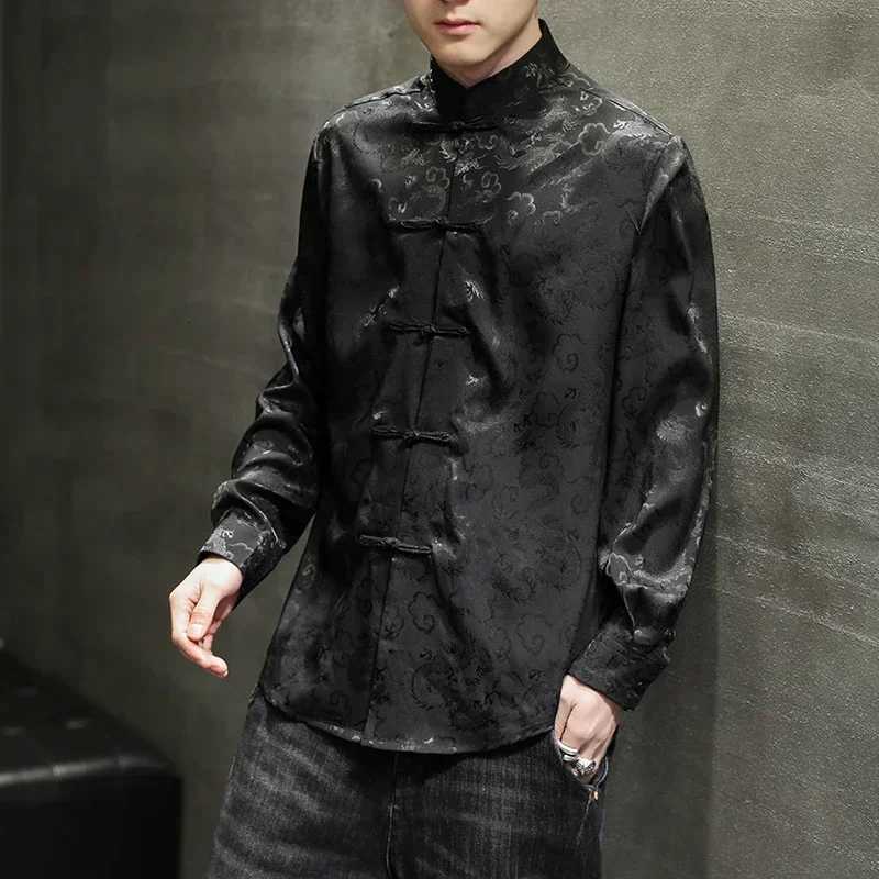 Buckle Elegant Tang Jackets Silver Mandarin Collar Blouse Red Chinese New Year ClothesBig Size Blue Satin Silk Shirts For Mens C260209