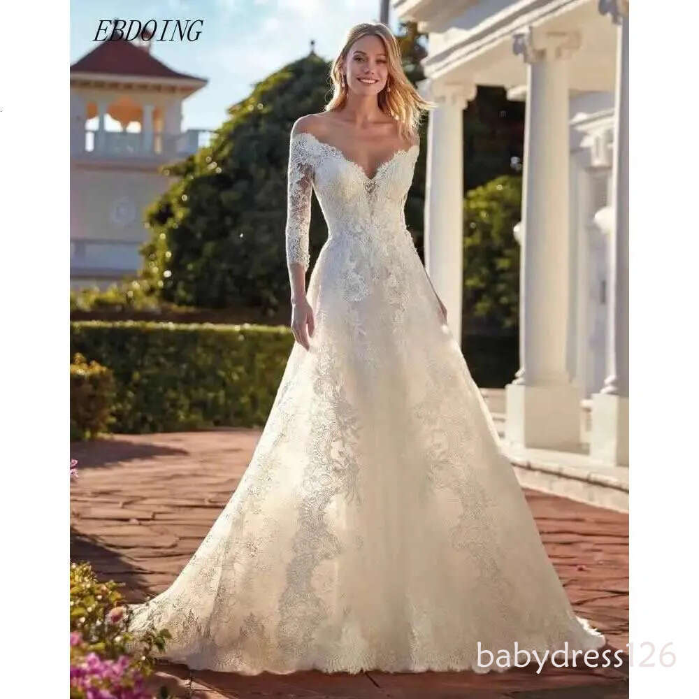 Newest a ha lace cute neckline long sleeves off the shoulder custom wedding dresses