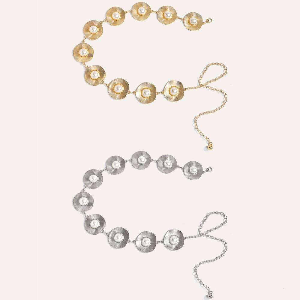 1pc round Pearl Metal Chain Women Versatile Unique Personality High Waist Belt for Pants Fashion Accessory X260209
