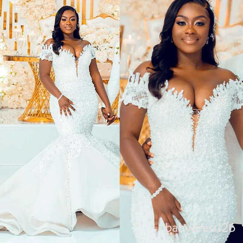 Plus Size African Arabic Aso Ebi Illusion Trumpet specialfor Bride Off Shoulder Lace Tiered Tulle Bridal Gowns Mermaid Elegant Beaded Marrage Dress CD