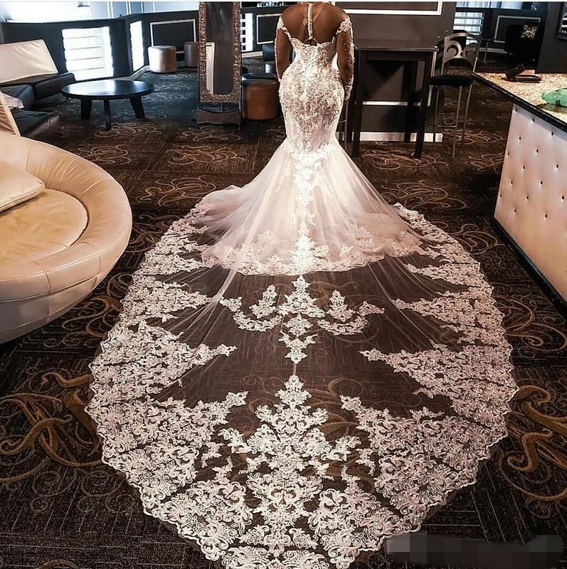 Crystal Beaded Mermaid Dresses Jewel Neck Cathedral Train Lace Applique Long Sleeves Wedding Bridal Gown Vestido de novia CPH053F09
