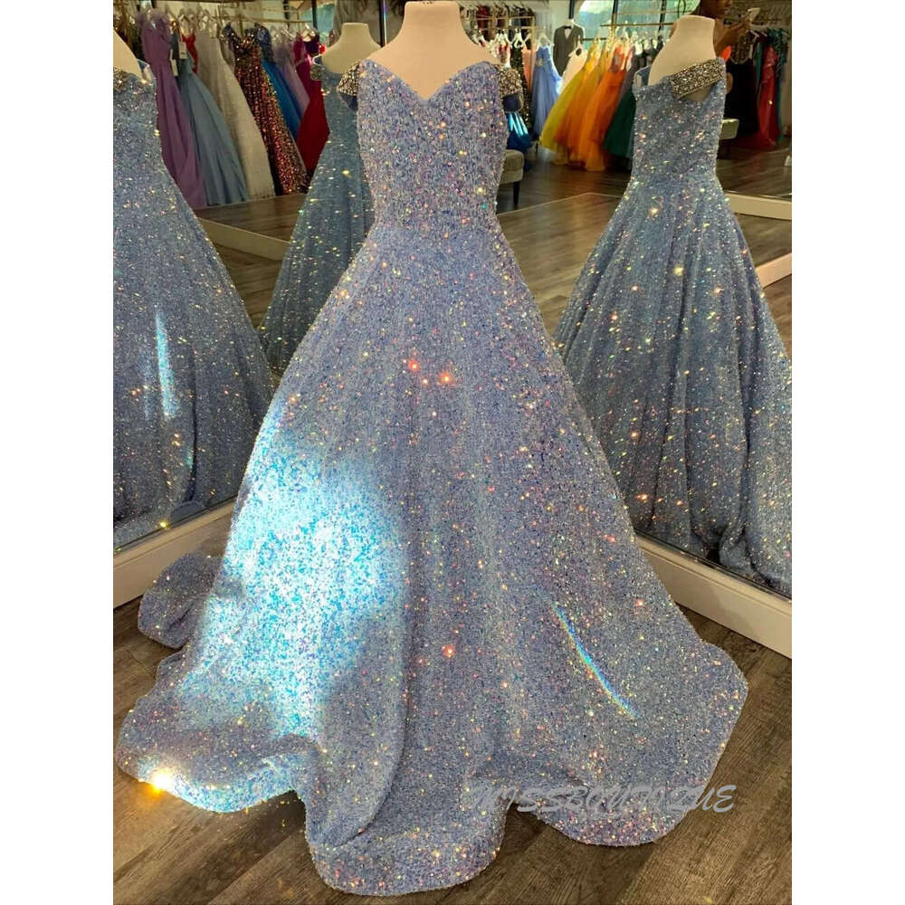 Iridescent Girl Pageant Dress Velvet Sequin Beading Off-Shoulder Little Kid Birthday Formal Party Gown A-Line Toddler Teens Preteen Pink Ivory 0209 Lu
