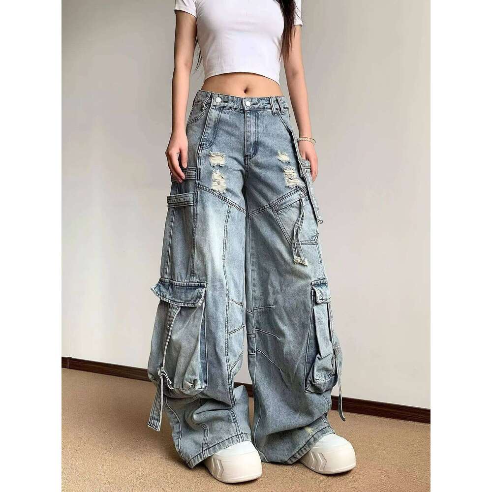 Fashion Women's Multiple Pockets Jeans Denim Cargo Wide Leg Pants Streetwear Vintage Harajuku 90s Y2k Oversize Trouser