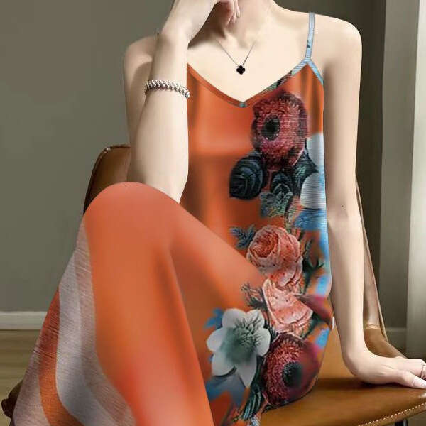 Women's Printed Sleeveless Camisole Dress V-Neck Pleated Long Sleeve Loose Maxi Dress for Spring Summer Flower vest dress