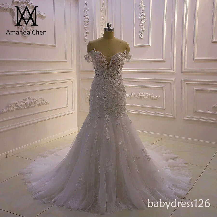 High Quality Custom Made Off Shoulder Mermaid Sheer Wedding Dress