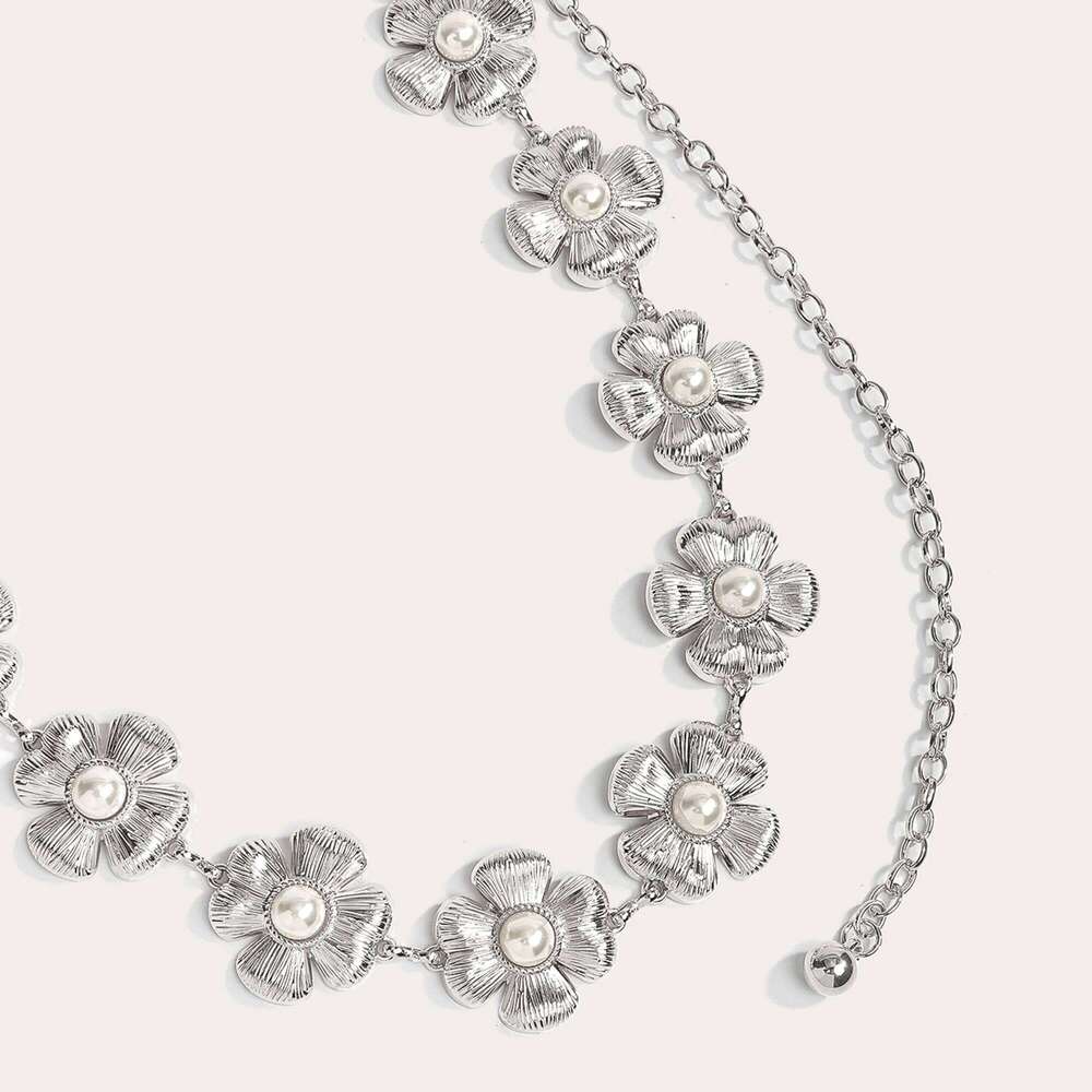1pc Pearl Flower Metal Belt Women's Sweet Dress Waist Chain Versatile Accessory for Skirts And Dresses X260209