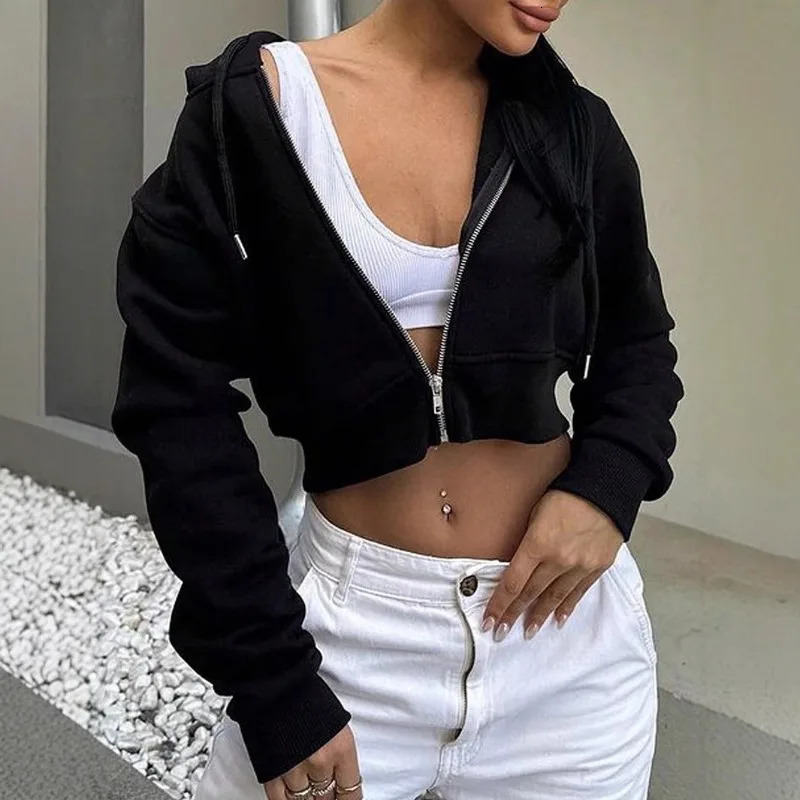 Womens Long Sleeve Hooded Zipper Cardigan Cropped Sweatshirt Casual Versatile Apparel European and American Hoodies Women 260126