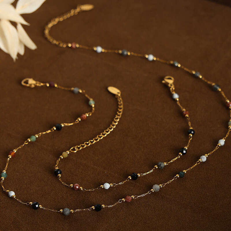 Minimalist Bohemian Beaded Necklace & Bracelet Set: Fashion Niche Personality Versatile Geometric Mix and Match Natural Stone Design Titanium Steel Je
