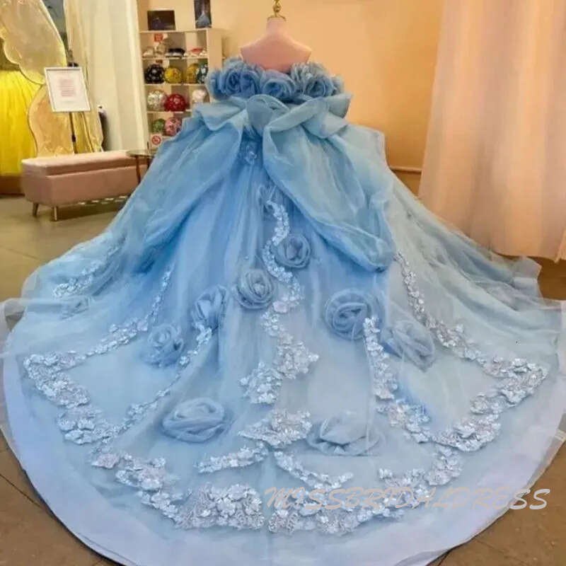 Blue Quinceanera Handmade 3D Flowers Ruffles Applique Beads Tulle Court Train Sweet 16 Birthday Party Dresses 0209