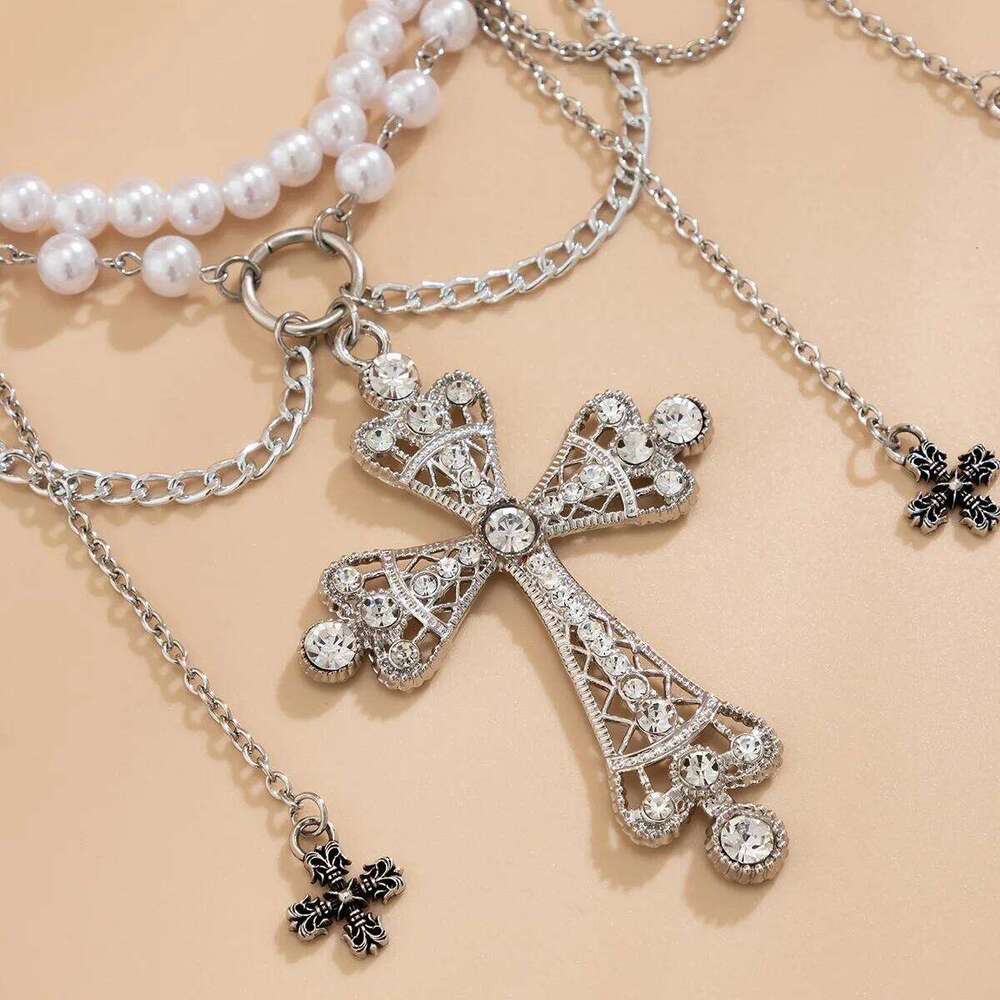 European and American Style Personalized Metal Cross Tassel Waist Women's Fashion Double Layer Imitation Pearl Body Chain X260209