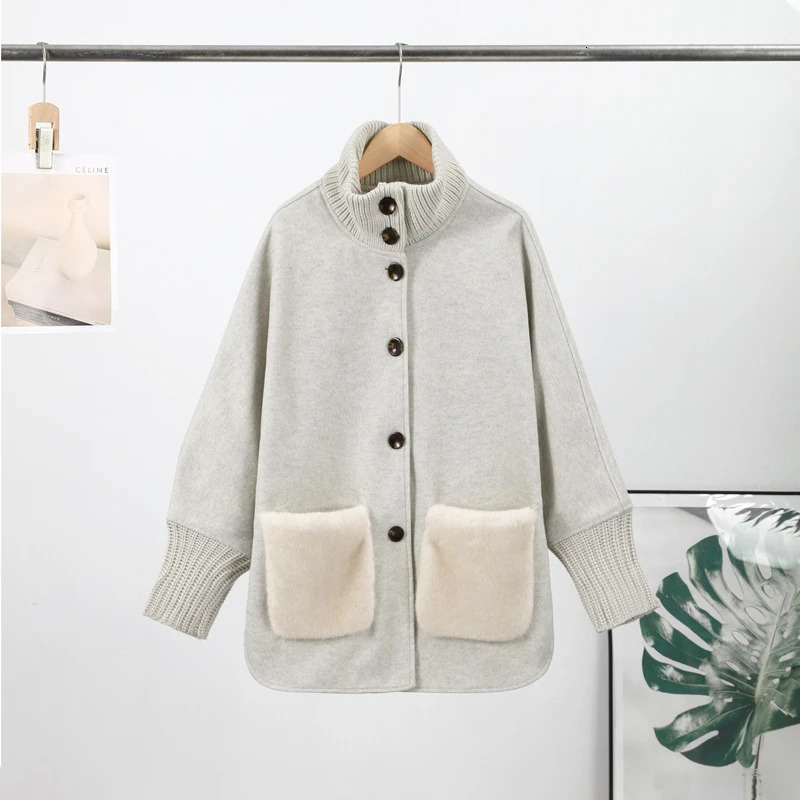 Knitted Fur Sweaters Women Casual Stand Collar Long Sleeve Single-breasted Pocket Loose Cardigan 2026 Early Spring Chic Knitwear 260122