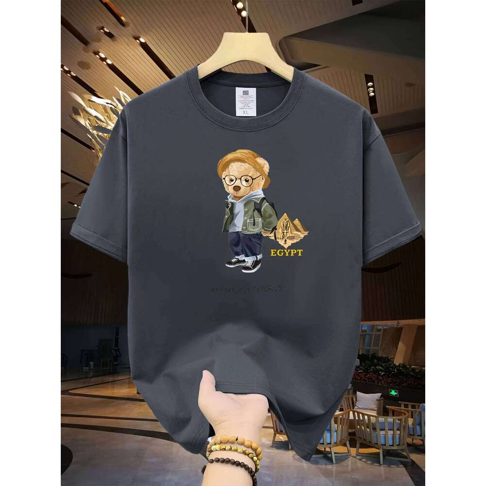 Men's Summer 100% Cotton Fashion Leisure Sports Loose Travel Bear Cartoon Pattern Printed Round Neck Short Sleeve T-shirt Top X260209