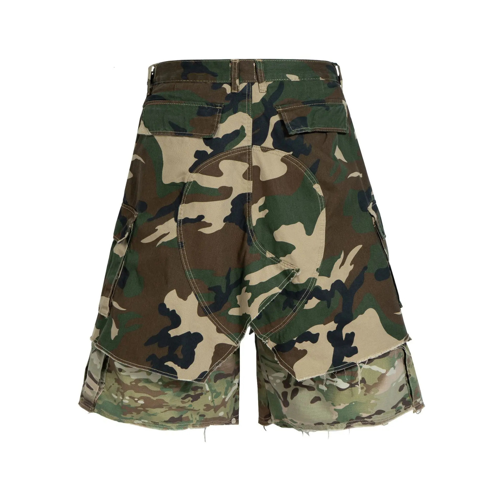 American Vintage Distressed Worn-out Two-piece Camouflage Wide-leg Denim Cropped Shorts Hip Hop Camo Cargo Jeans Shorts 260208