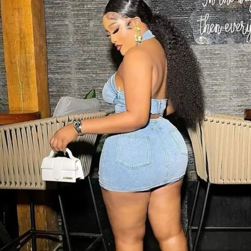 Sexy Denim Two Piece Set Women Y2K Clothes Zipper Halter Hollow Out Backless Crop Top and Mini Skirt Club Party Matching Sets 250203