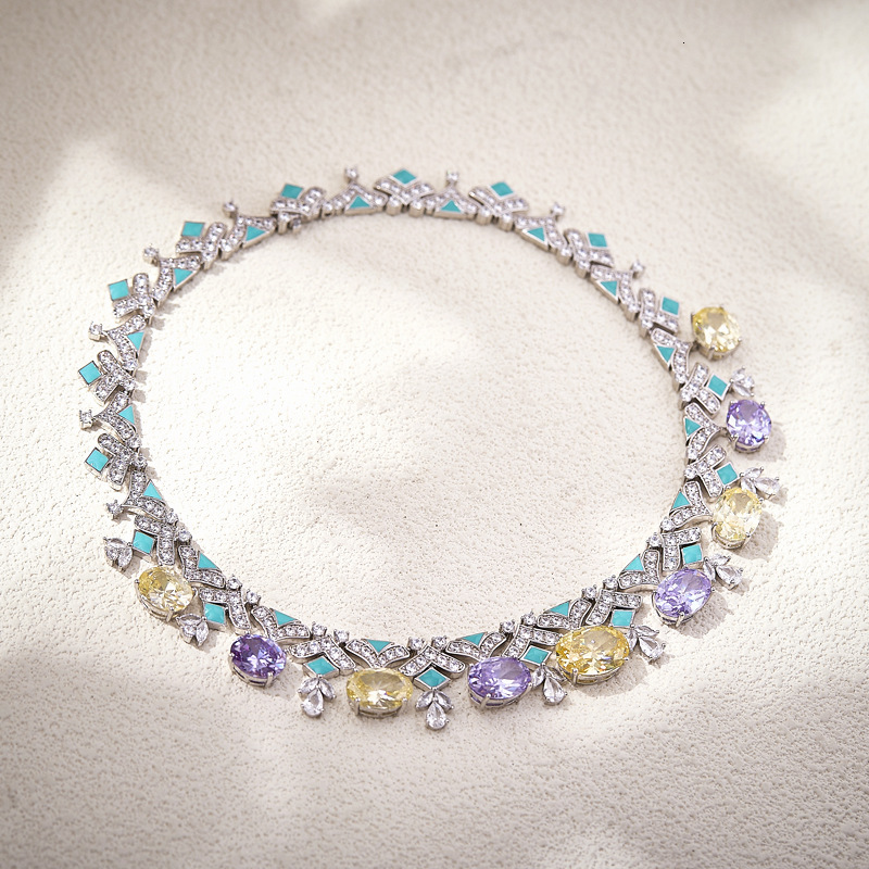 Necklace New Egg-Shaped Yellow Diamond Evening With Intricate Necklace Color-Blocking Light Blue Enamel, High-End Feel Dress Collarbone Chain Necklace