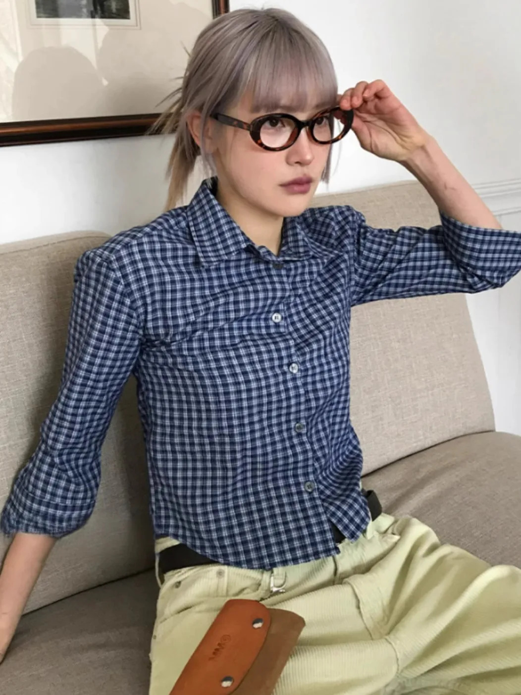 Genayooa Y2k Plaid Shirt Women Three Quarter Casual Shirt Japanese 2000s Grunge Tops Streetwear Summer Shirt Korean Style 260207