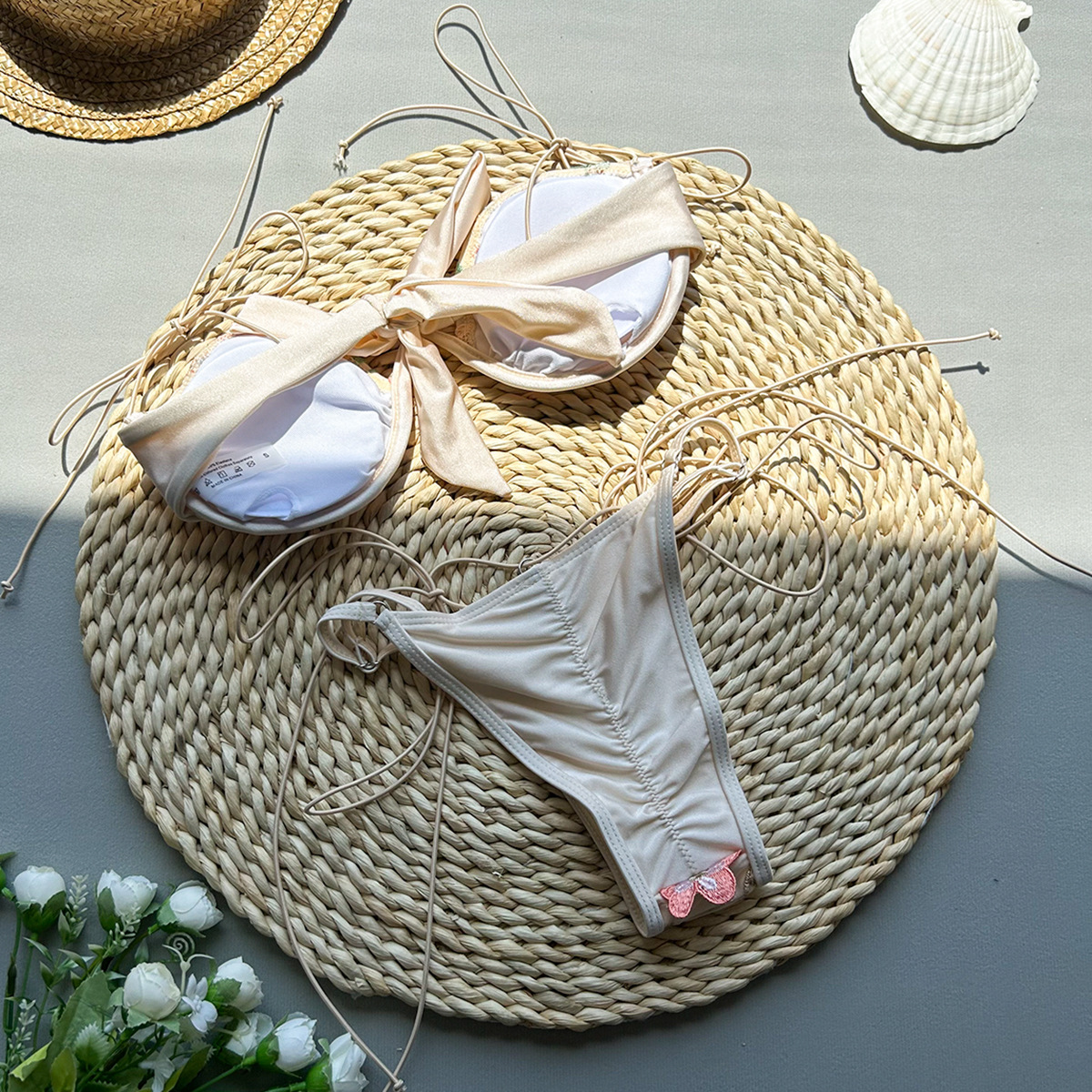Women's Swimwear Bathing Suit String Bikinis Beige Shiny Flower Embroidery Thong Micro Push Up Bikini Set Sexy Swimsuit Women