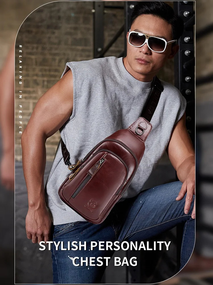 Mens genuine leather crossbody chest bag first layer cowhide fashionable multifunctional sports shoulder travel 260208