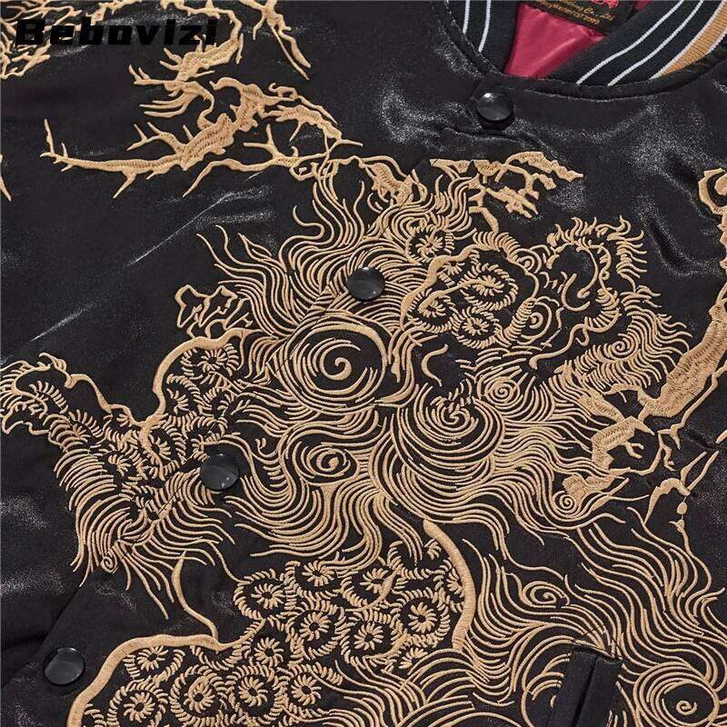 Mardi Hefxessdr Chinese Mythical Beasts Embroidery Black Japanese Style Coat Streetwear Vintage Fall Outerwear Men s Baseball Jacket