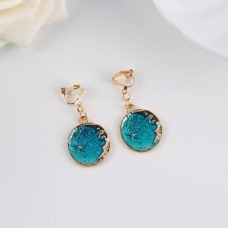 Korea Style Asymmetrical Fresh Enamel Blue Star Moon Planet Circle Clip on Earrings Non Pierced For Girl Women Party Gift 260120