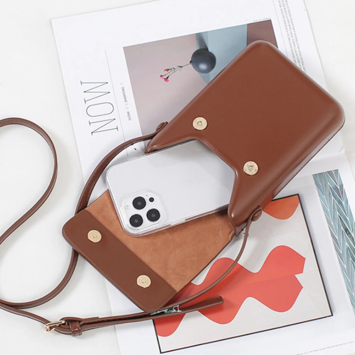 Versatile vertical Japanese and Korean simple flip phone bag commuting PU leather crossbody square singleshoulder 260208