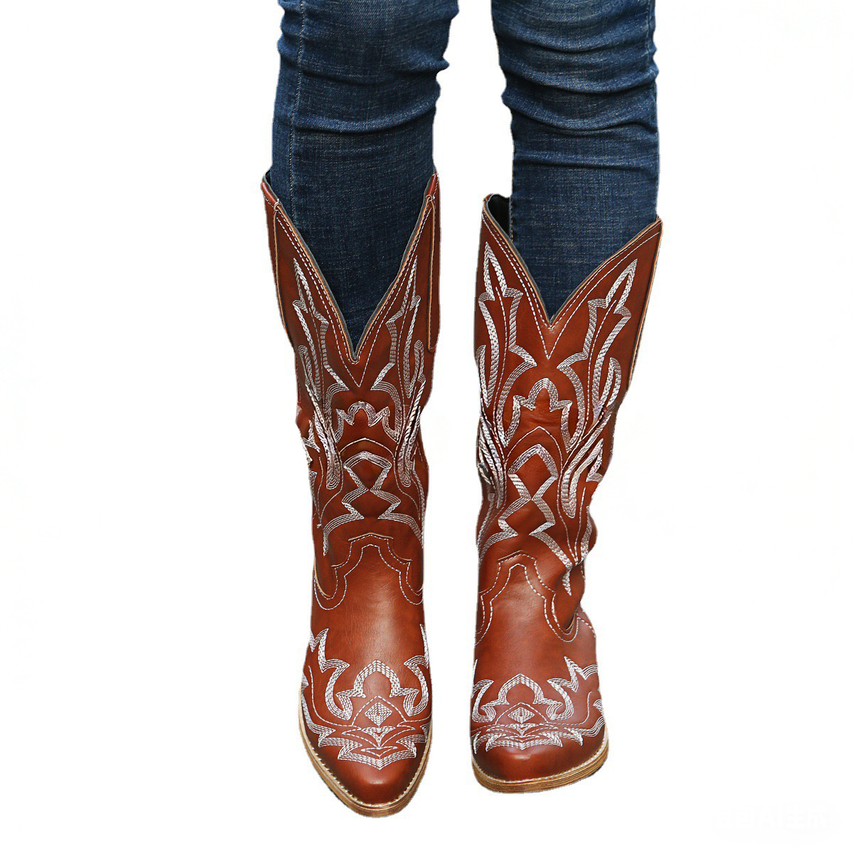 Vintage Boots Womens Embroidered Heeled Red Knee Hot High New Cowboy Boots, Western Style Mid-Calf Autumn Casual Shoes