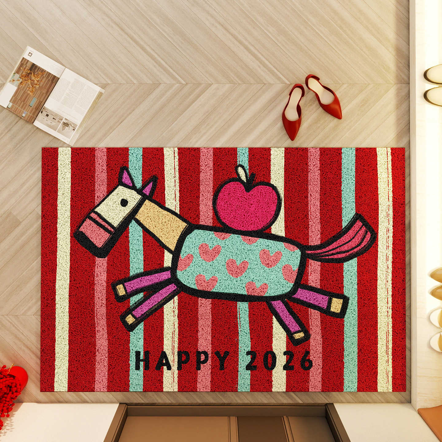 New Years Door Mat for the Year of the Horse Festive Red Carpet with Silk Loop Non-Slip and Dirt-Resistant Floor Mat S260207