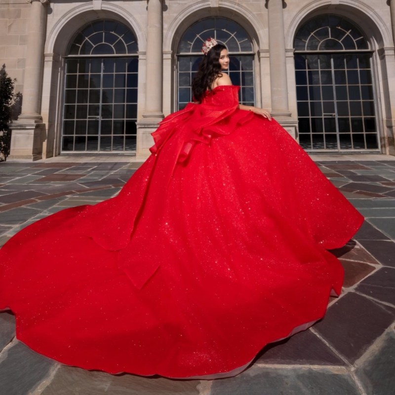 Red Shiny Quinceanera Dresses Ball Gown Off The Shoulder Beading Crystal Tull Sweet 16 Dress Vestidos 15 De Anos