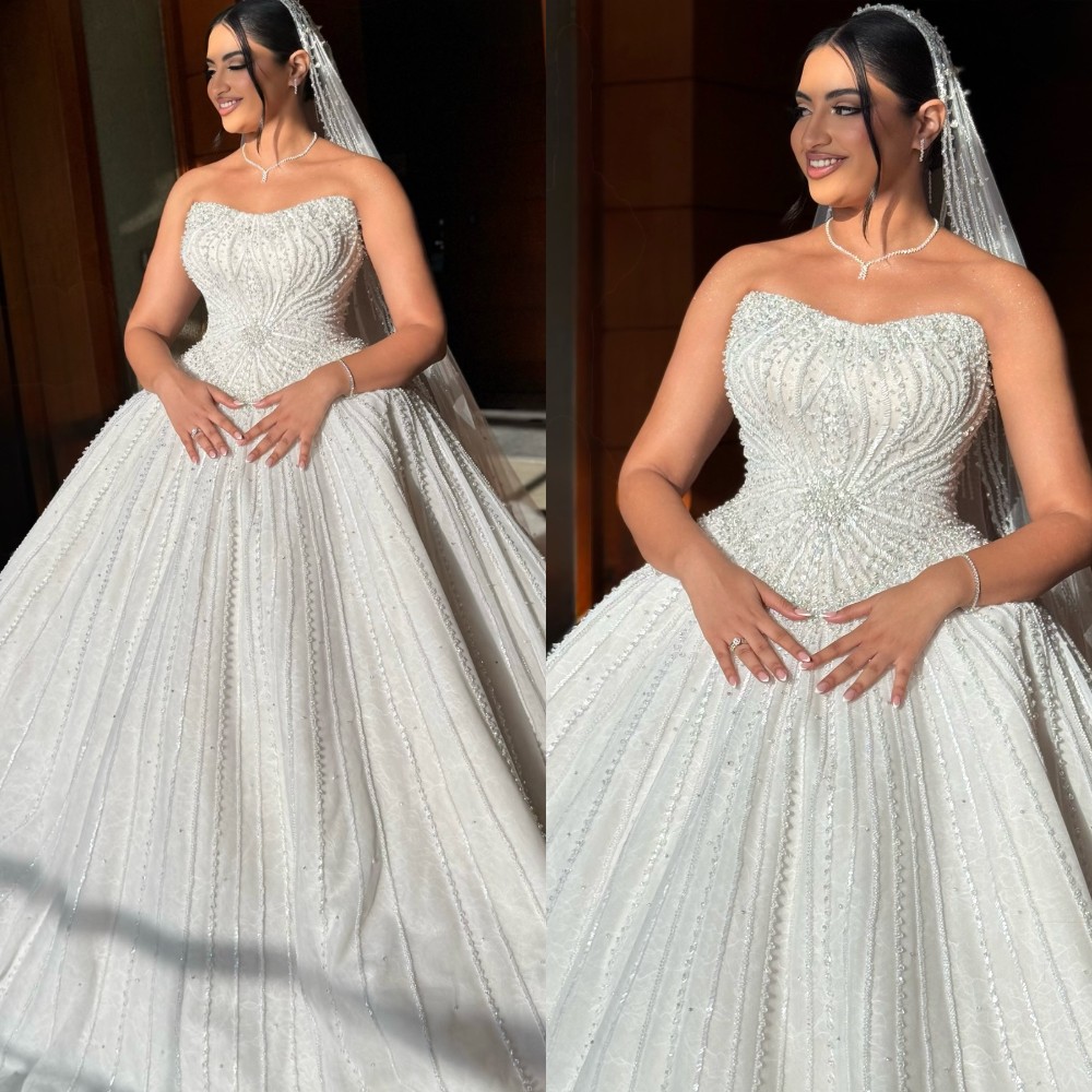 Vintage Ball Gown Wedding Dress Strapless Sleeveless Bridal Gowns Pearls Beaded Sequins Sweep Train Dresses Custom Made vestidos de novia
