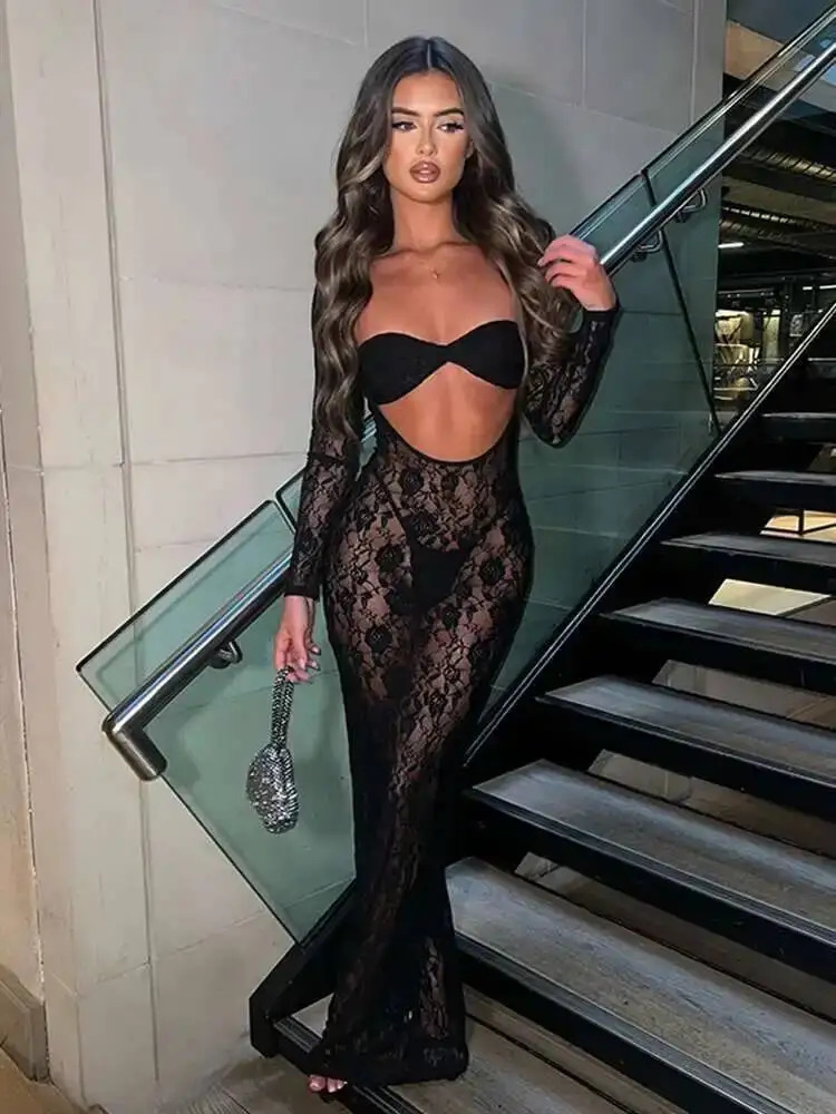 Avrilyaan Lace Perspective Sexy Party Two Piece Set Strapless Crop Top And Midi Skirts 2 Pieces Set Women Summer Outfits 260208