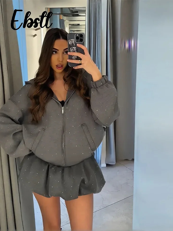 Rhinestone Zipper Hoodies Skirts Set Womens Casual Hooded Pockets Full Sleeve Sweatshirt Puffy Short Skirt 2026 Lady Outfit 260122