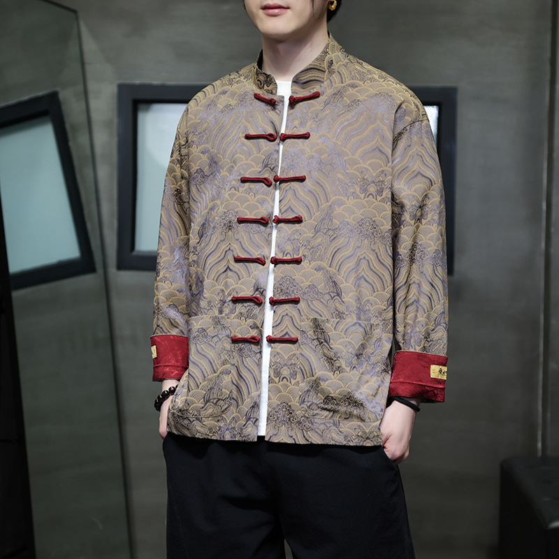 2026 New Chinese Style Men's Shirt Sea and Cliff Pattern High Quality Jacquard Button Stand Collar Tang Suit Coat Free Shipping Size M-5XL