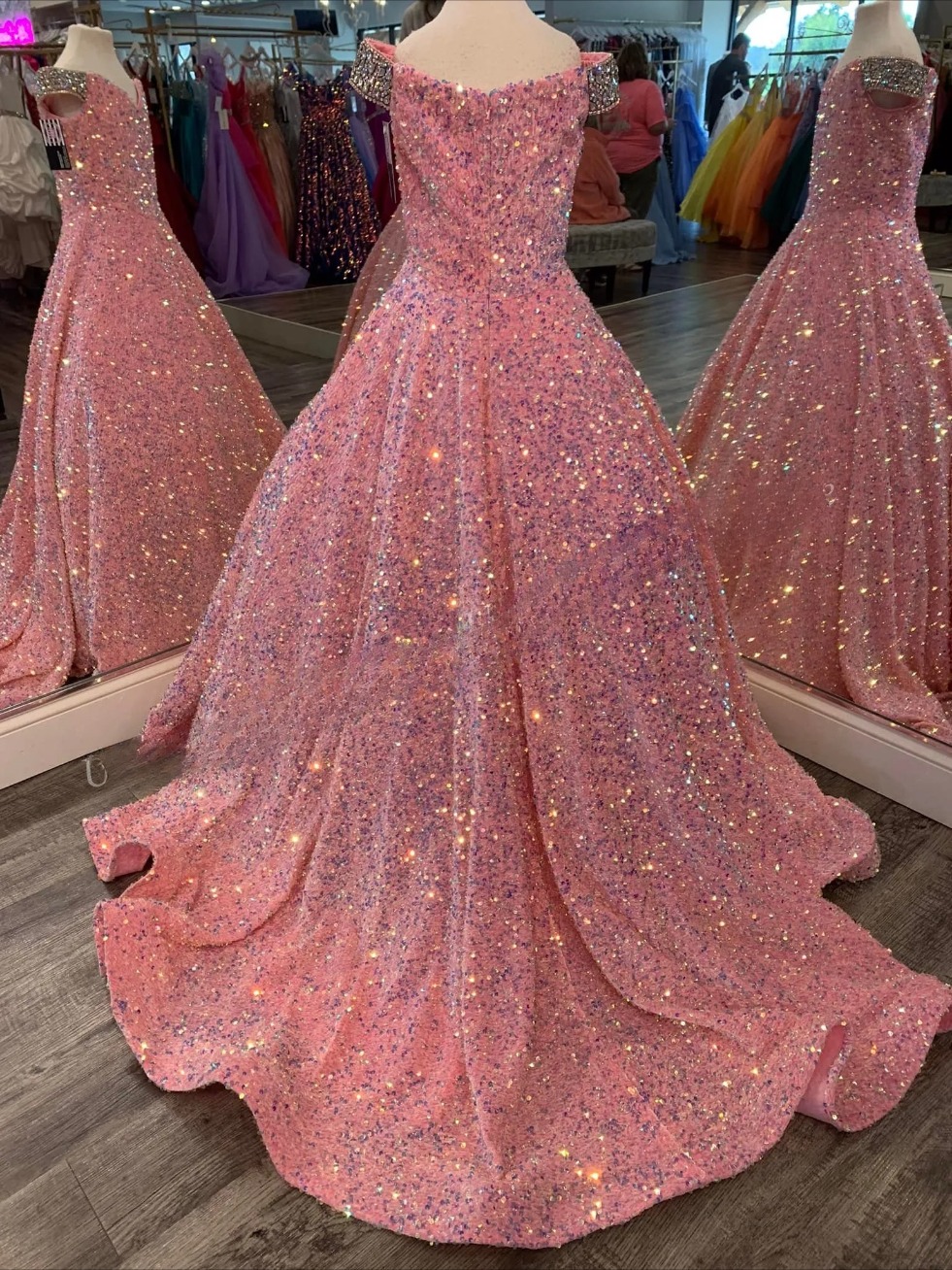 Iridescent Girl Pageant Dress Velvet Sequin Beading Off-Shoulder little Kid Birthday Formal Party Gown A-Line Toddler Teens Preteen Floor-Length Pink 