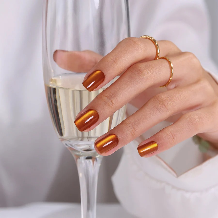 Burnt Orange Cat Eye Short Square Nails stick-on with glue included 16 sizes - 32 pieces reusable