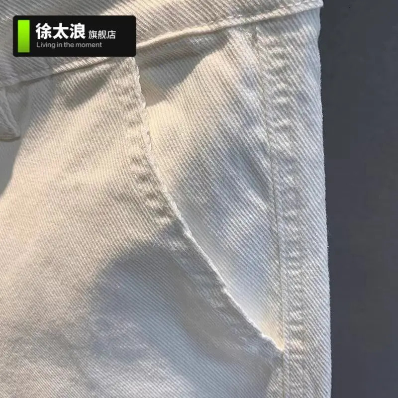 Summer Multi-pocket White Denim Mens Five-point Pants Loose Straight White Casual Tooling Jeans Shorts Low Rise Jeans 260208