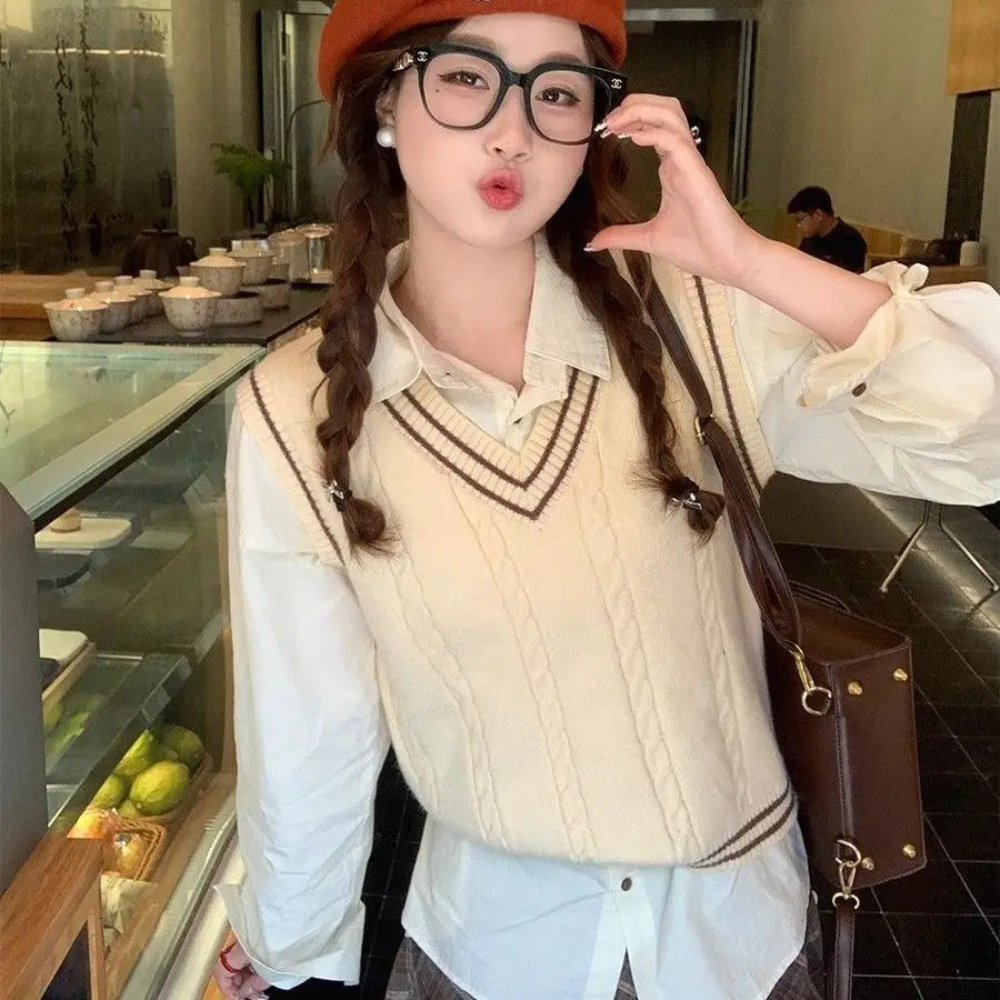 Preppy Color Block Sleeveless Vest Knit Top Women Korean Loose Fit Fashion Layering Youthful Casual Chic Versatile Pullover 260130