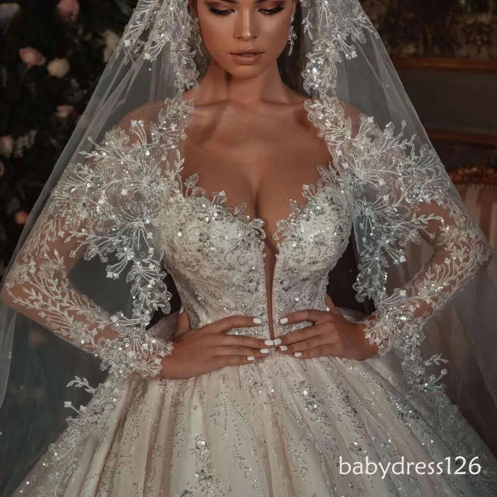 Gorgeous Ball Gown Wedding Dress Sequin Applique Beaded Lace O Neck Long Sleeve Sweetheart Princess Bride dress