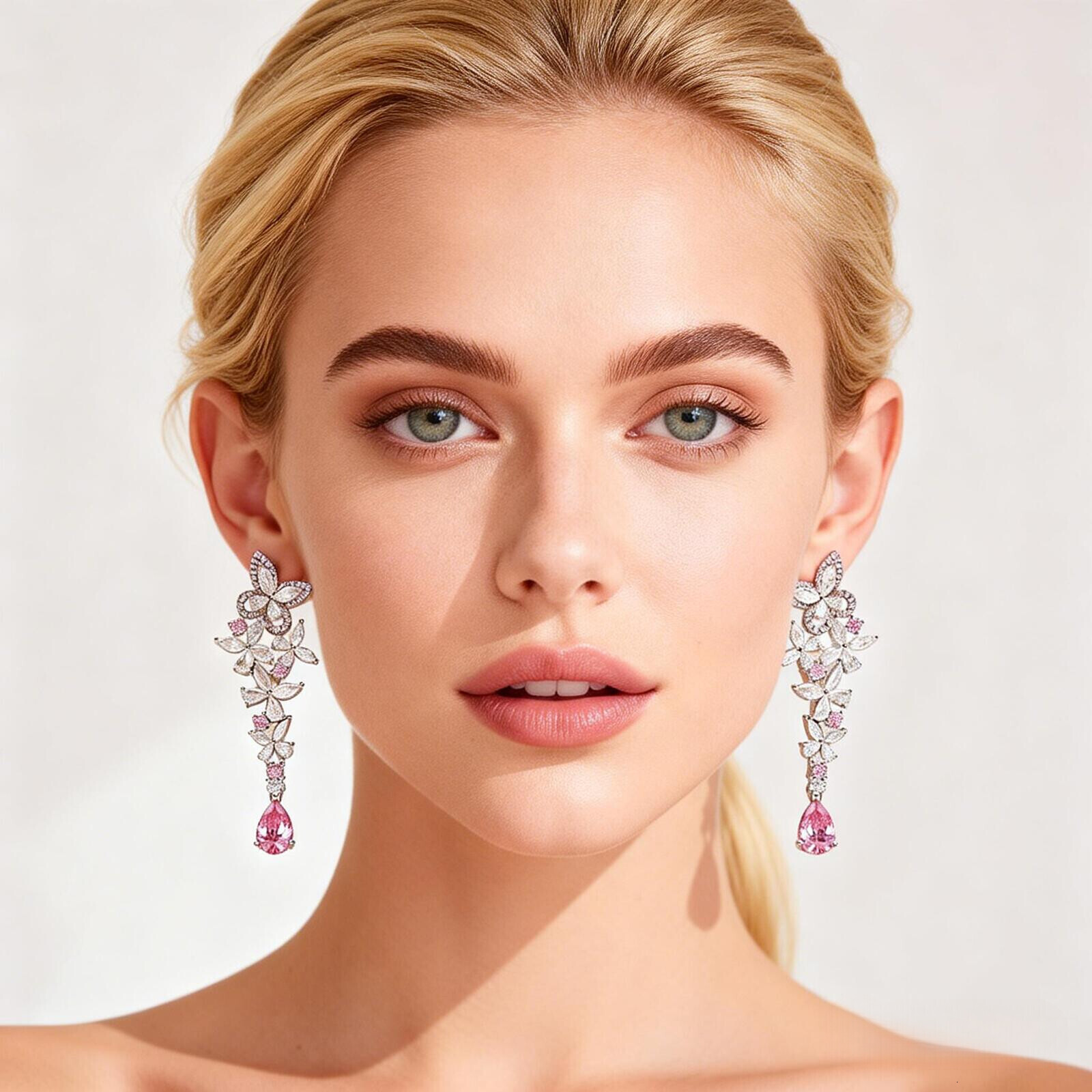 Earrings Delicate Butterfly Earrings, Gold-Plated, Pear-Shaped Pink Diamond Earrings, Exquisitely Crafted, Luxurious Elegant, Long Earrings