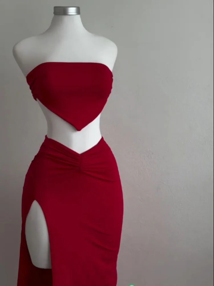 Strapless Backless Crop Top High Waist Skirt 2 Piece Set Women Summer Sexy Slim Fit Split Midi Dress Tube Suits Party Club Sets 260208