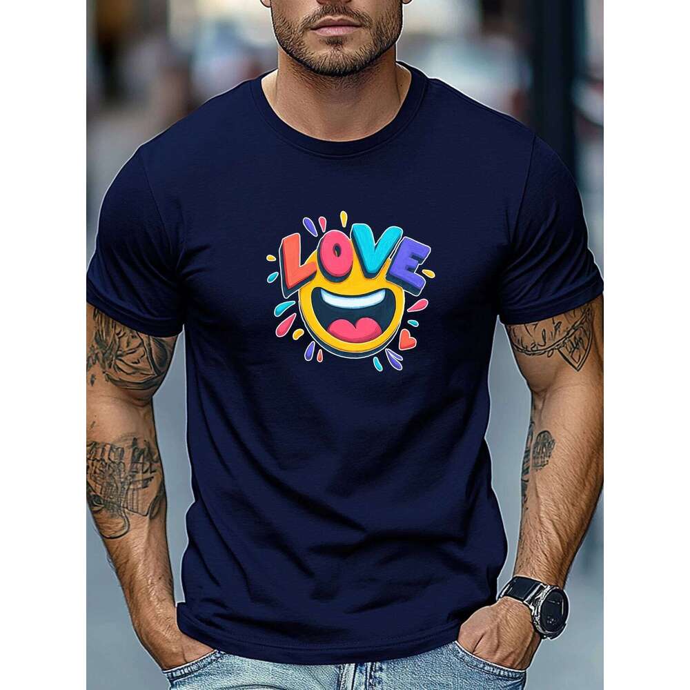 Men's Summer T-Shirt Love Colorful Print Short Sleeve Round Neck Breathable Oversized Sweet Daily Wear X260209
