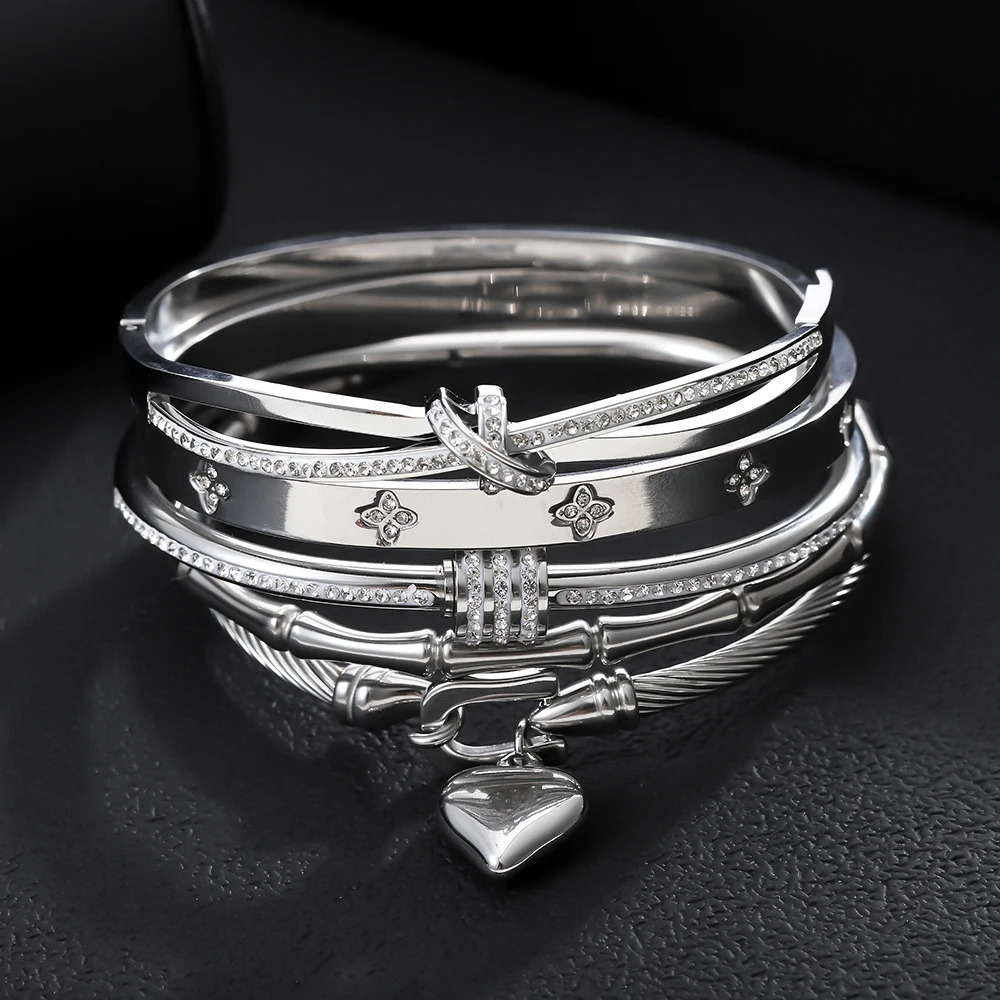5PCS Classic Fashion Stainless Steel Cuff Bracelets Waterproof Silver Color Love Zircon Bangle Unique Jewelry Gifts 260206