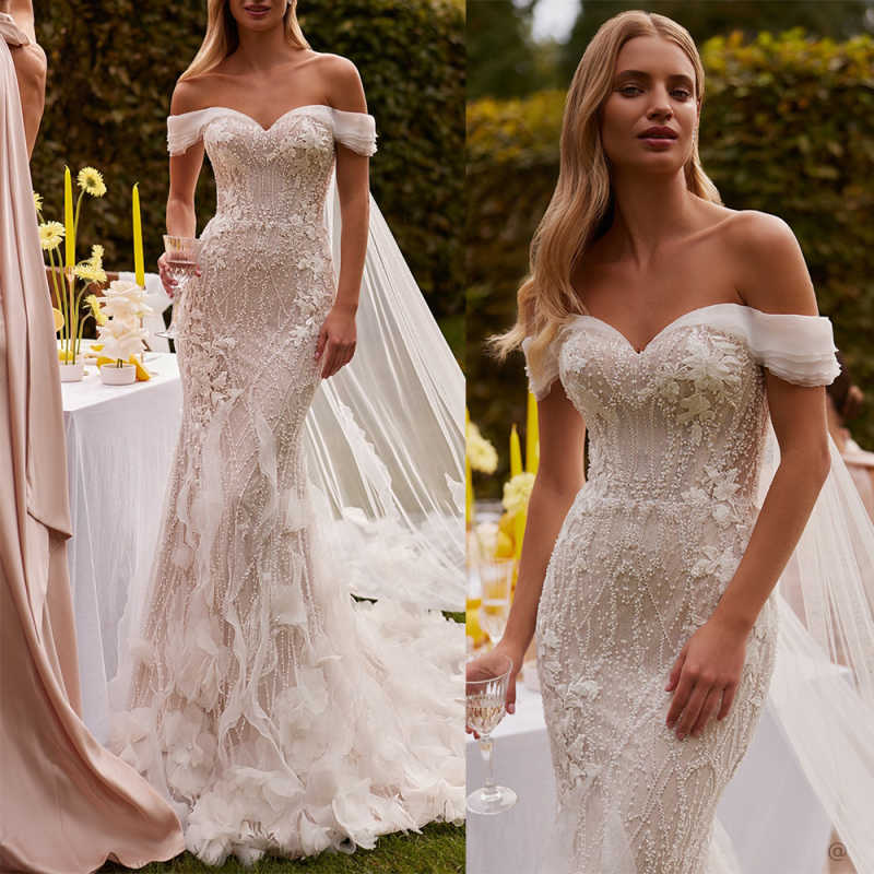 Luxury Embroidery Beaded Lace Wedding Dress Off Shoulder Bridal Gown Customized Elegant Sweetheart Neck Dresses For Bride
