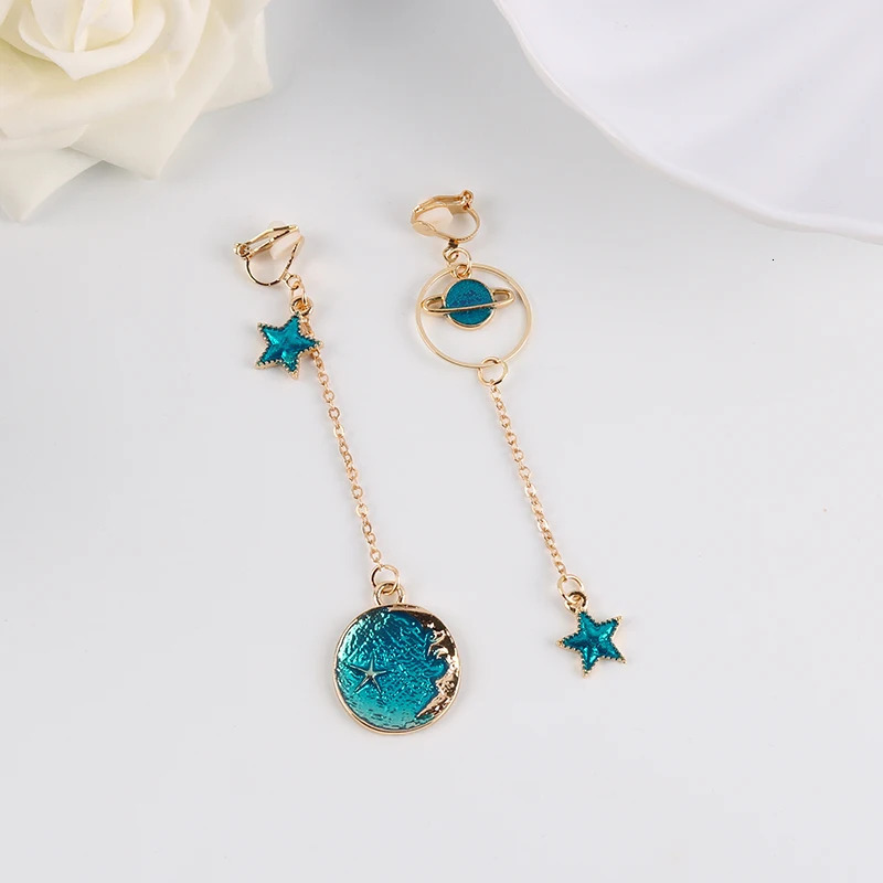 Korea Style Asymmetrical Fresh Enamel Blue Star Moon Planet Circle Clip on Earrings Non Pierced For Girl Women Party Gift 260120