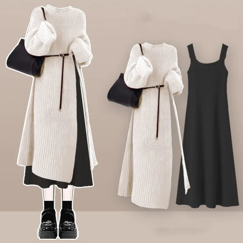 Womens Spring Autumn Long Split Sweater Sling Dress Two Piece Set Lady Graceful Black Knit Clothing Sleeveless Dresses Outfits 260208