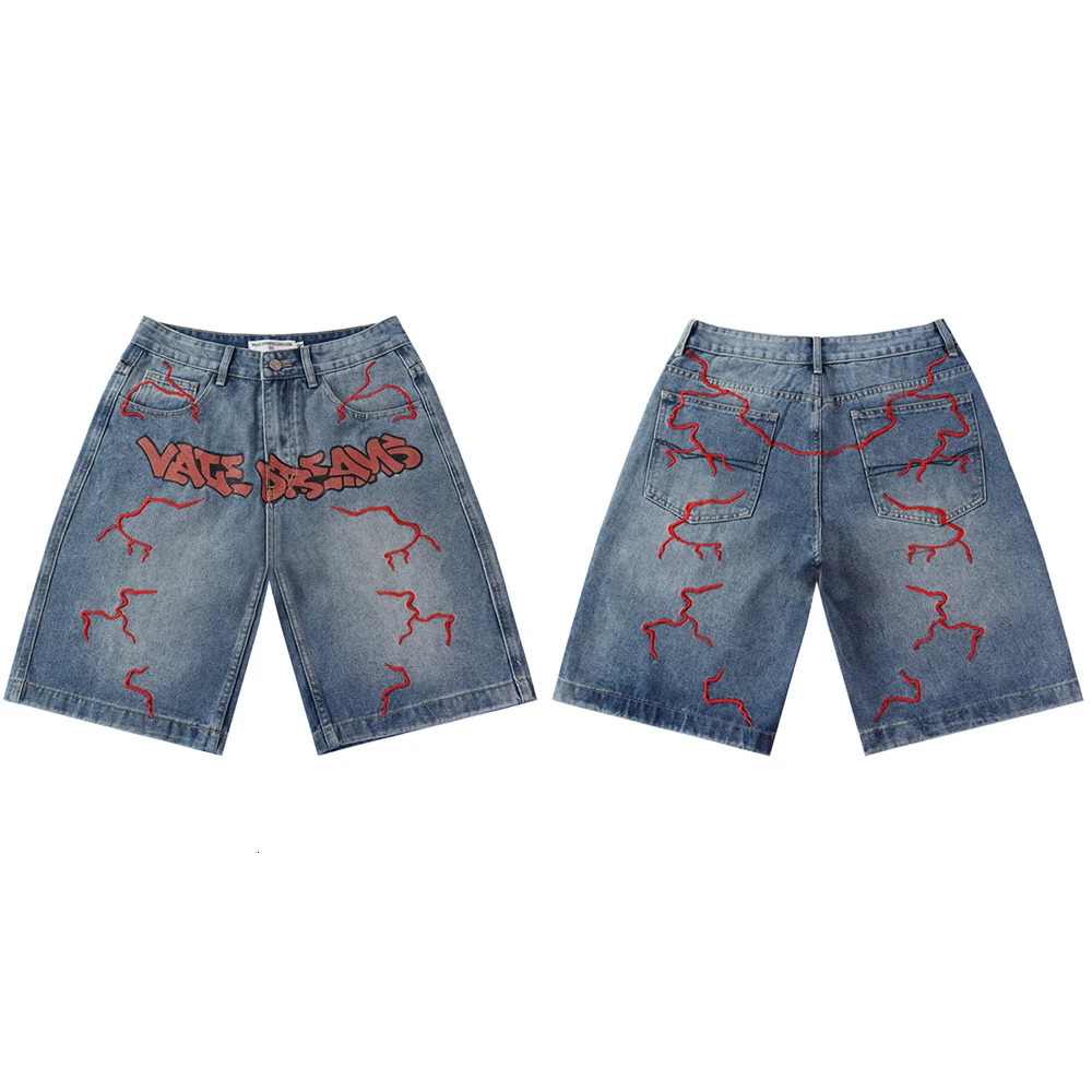 Skittle Printed Colorful Letter Lightning Embroidery Denim Washed Loose Shorts for Men Harajuku Streetwear Baggy Jeans Oversized 260208