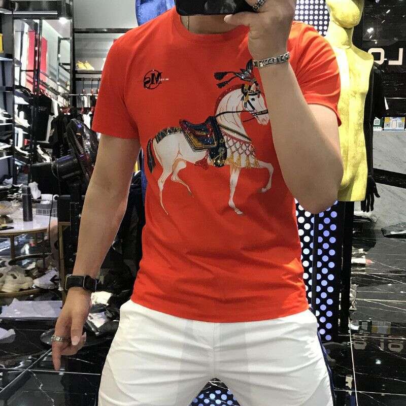 Men's Short-Sleeve T-Shirt 2022 Spring/Summer Trendy Brand New Style Mercerized Cotton Personalized Rhinestone Decoration High-End Half-Sleeve Te