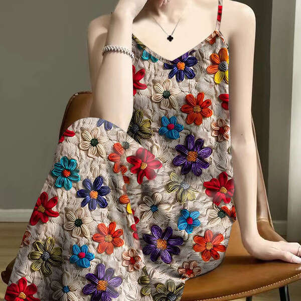 Women's Printed Sleeveless Camisole Dress V-Neck Pleated Long Sleeve Loose Maxi Dress for Spring Summer Flower vest dress